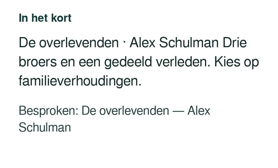 De overlevenden · Alex Schulman Drie broers en een gedeeld verleden. Kies op familieverhoudingen. Besproken: De overlevenden — Alex Schulman.