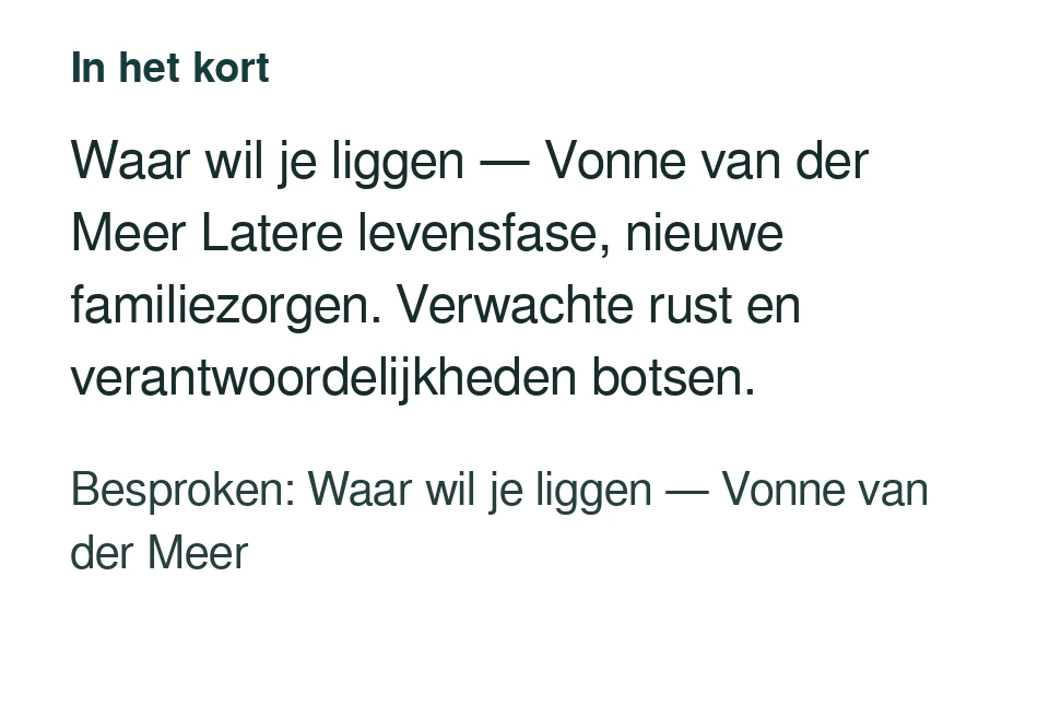 Waar wil je liggen — Vonne van der Meer Latere levensfase, nieuwe familiezorgen. Verwachte rust en verantwoordelijkheden botsen. Besproken: Waar wil je liggen — Vonne van der Meer.