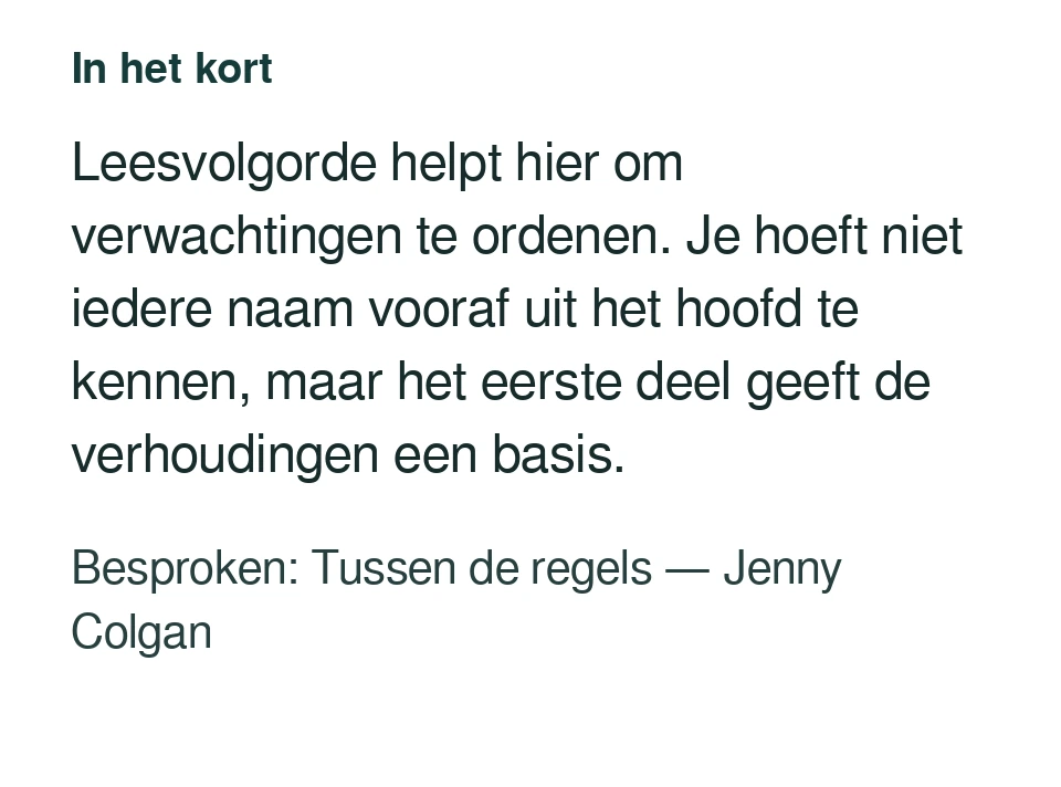 Leesvolgorde helpt hier om verwachtingen te ordenen. Je hoeft niet iedere naam vooraf uit het hoofd te kennen, maar het eerste deel geeft de verhoudingen een basis. Besproken: Tussen de regels — Jenny Colgan.